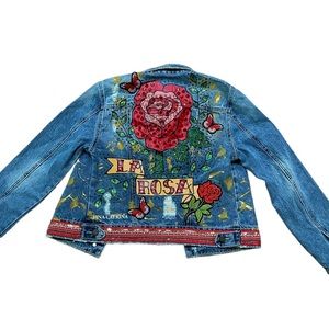 Fina Catrina Womens Denim Jacket Size M Hand Painted Roses Unique Art To Wear